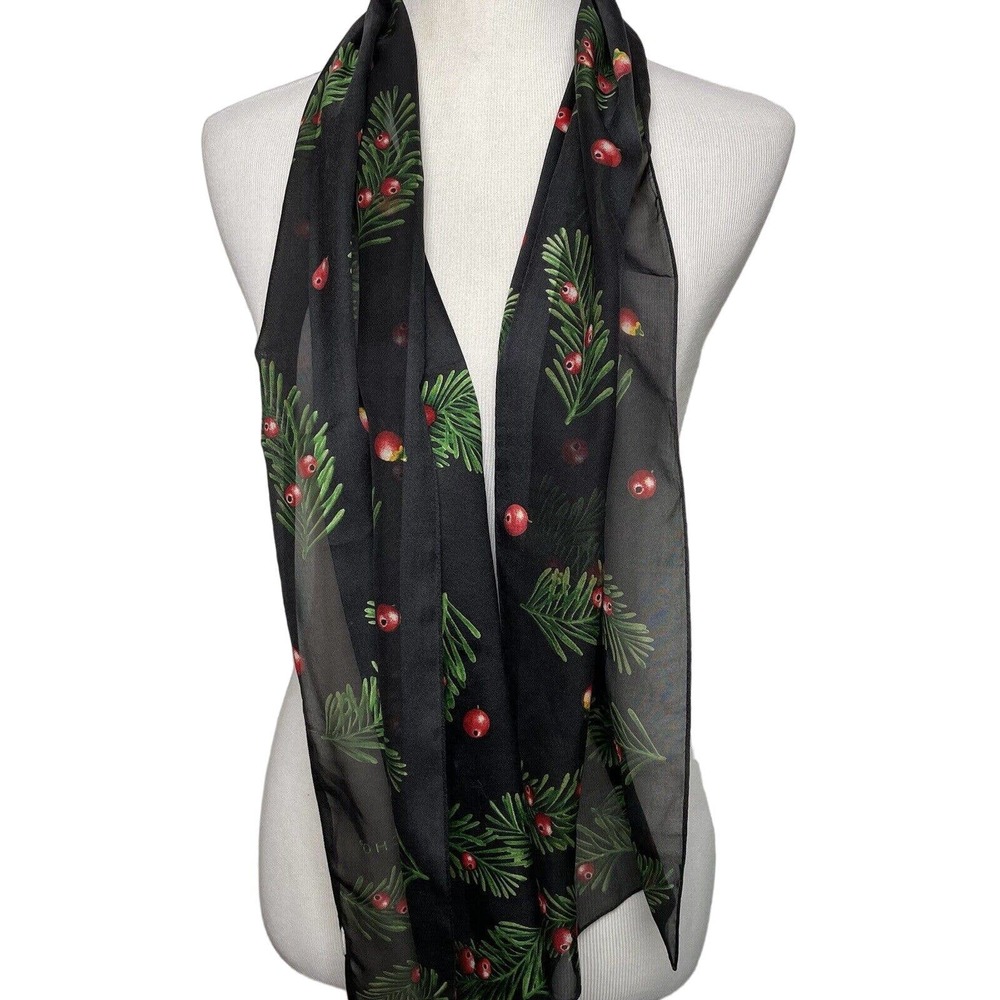 Vintage Black Echo Scarf Evergreen Berries Silk Made in Japan Holiday Winter